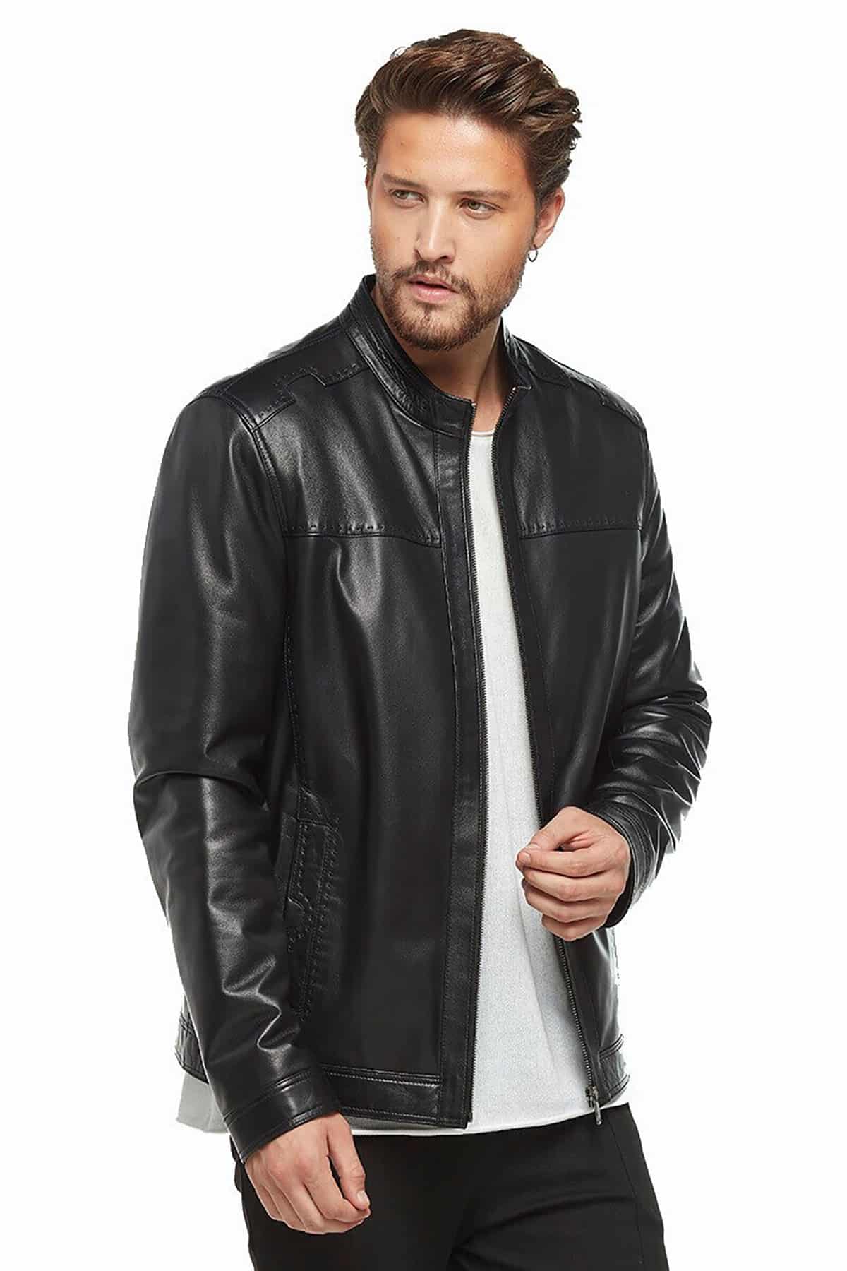 Men's 100 % Real Black Leather Detailed Stitched Jacket