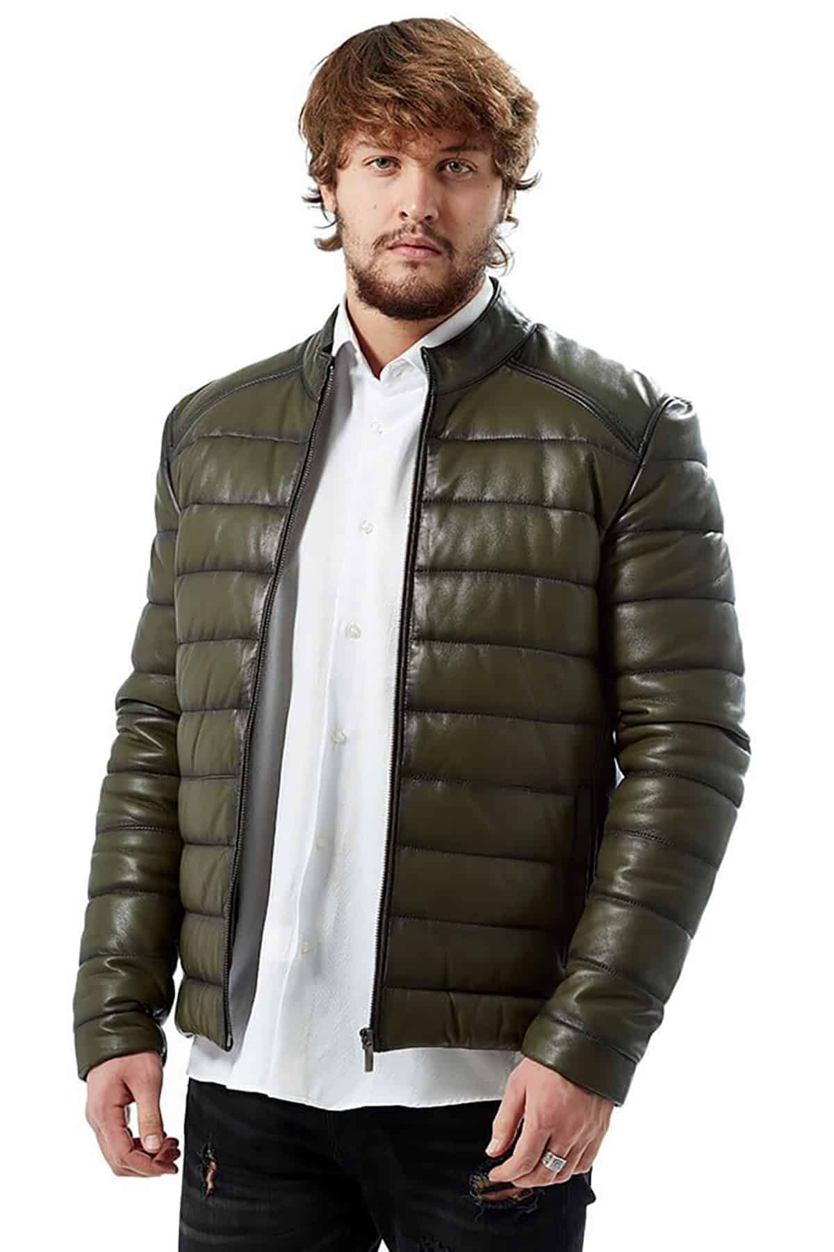 Mens Green Bomber Leather Jacket