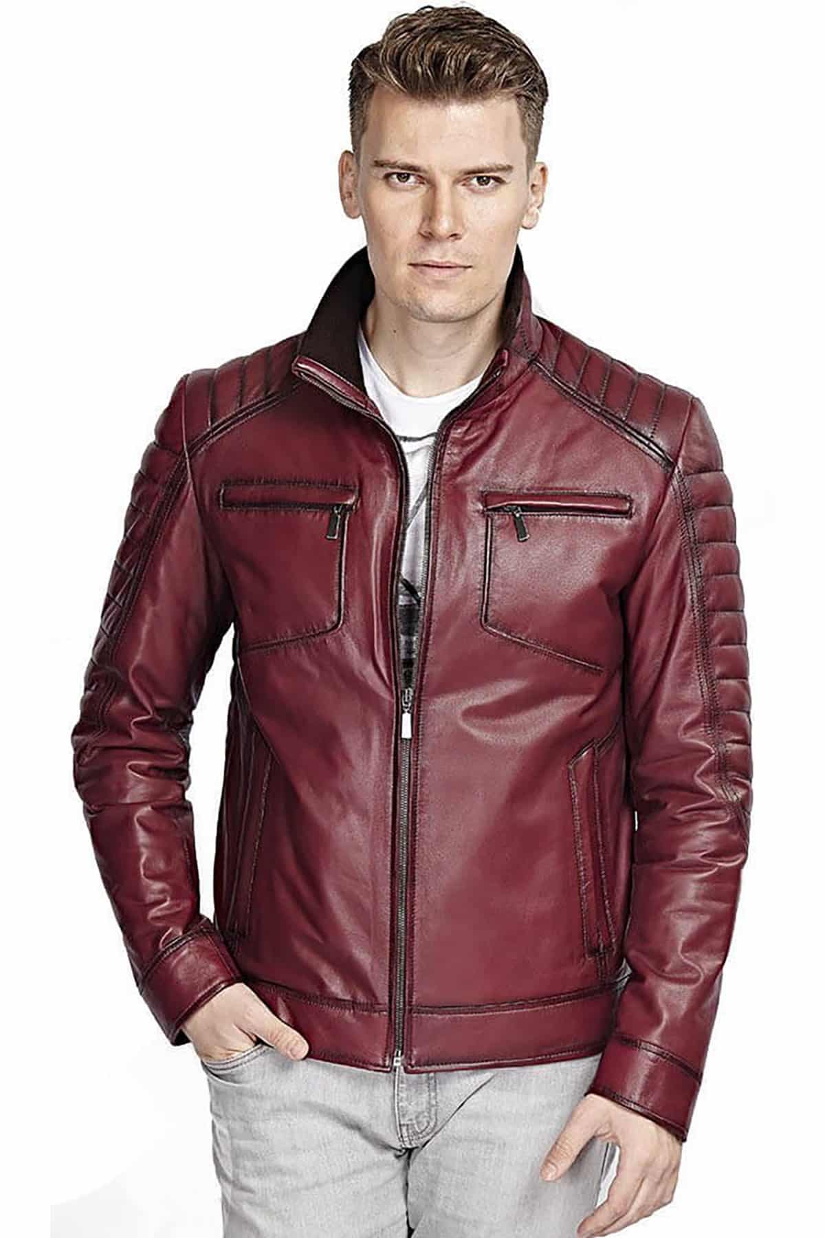 Men's 100 % Real Maroon Leather Quilted Bomber Jacket