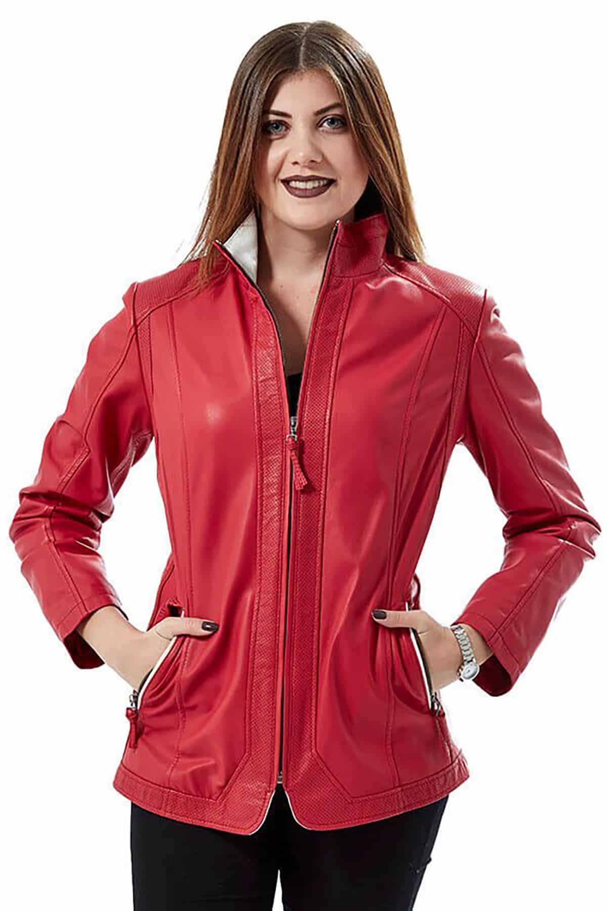 Renee Women's Real Sheepskin Classy Red Leather Coat