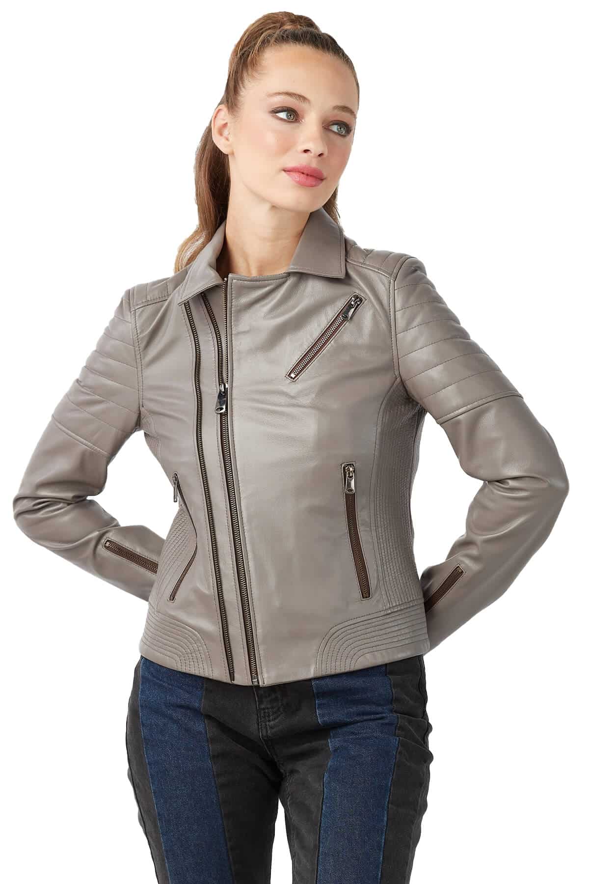 Agata Women's 100 % Real Taupe Leather Coat
