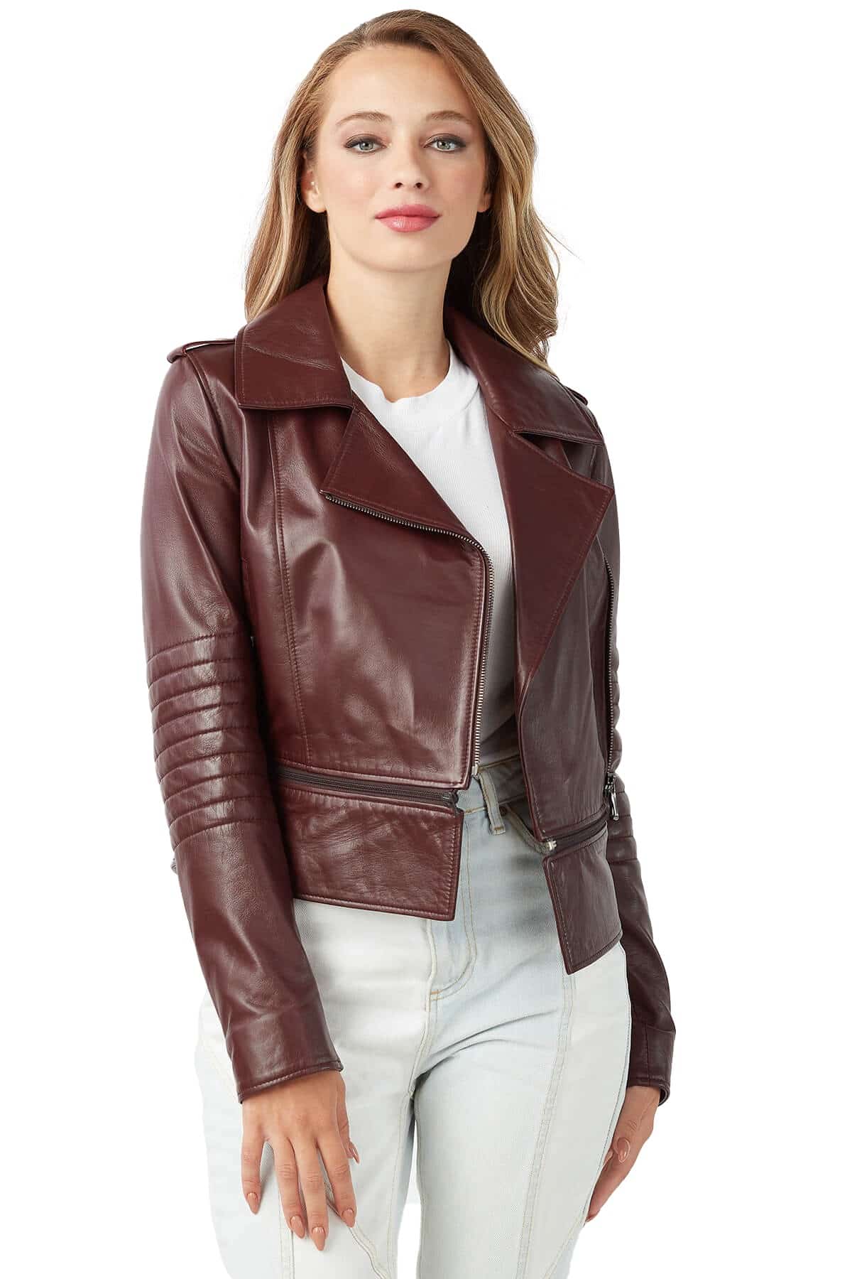 Womens Petite Tan Brown Cafe Racer Leather Jacket