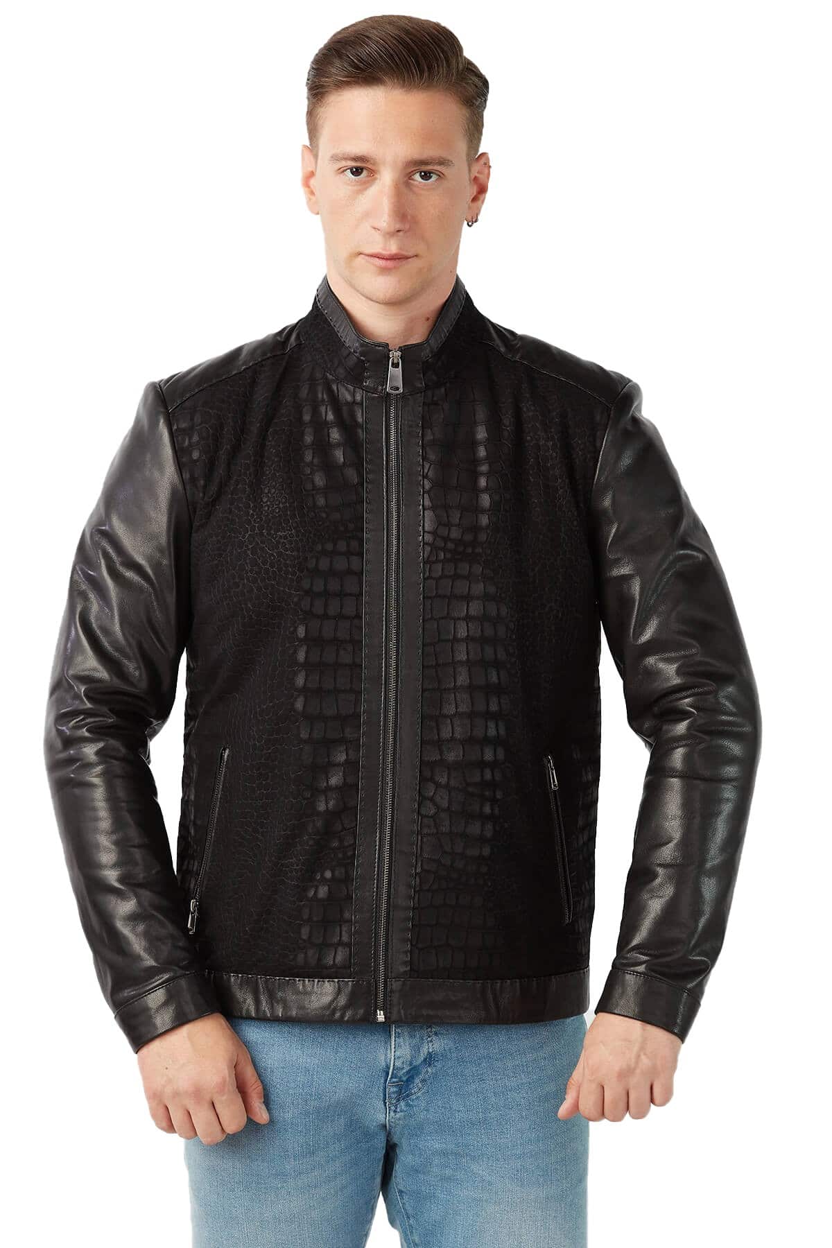 Men's 100 % Real Black Leather Crocodile Printed Suede Jacket