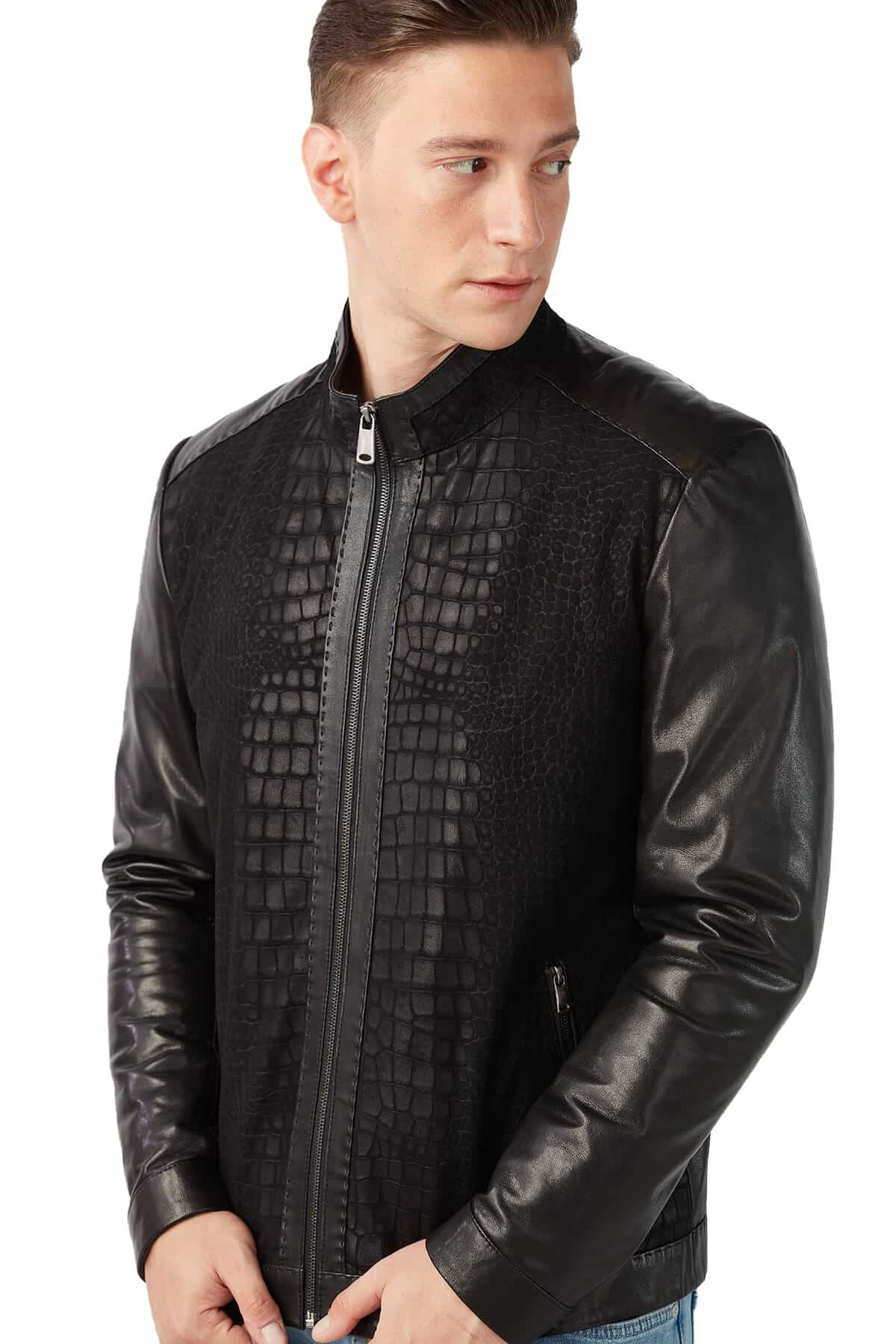 Men's 100 % Real Black Leather Crocodile Printed Suede Jacket