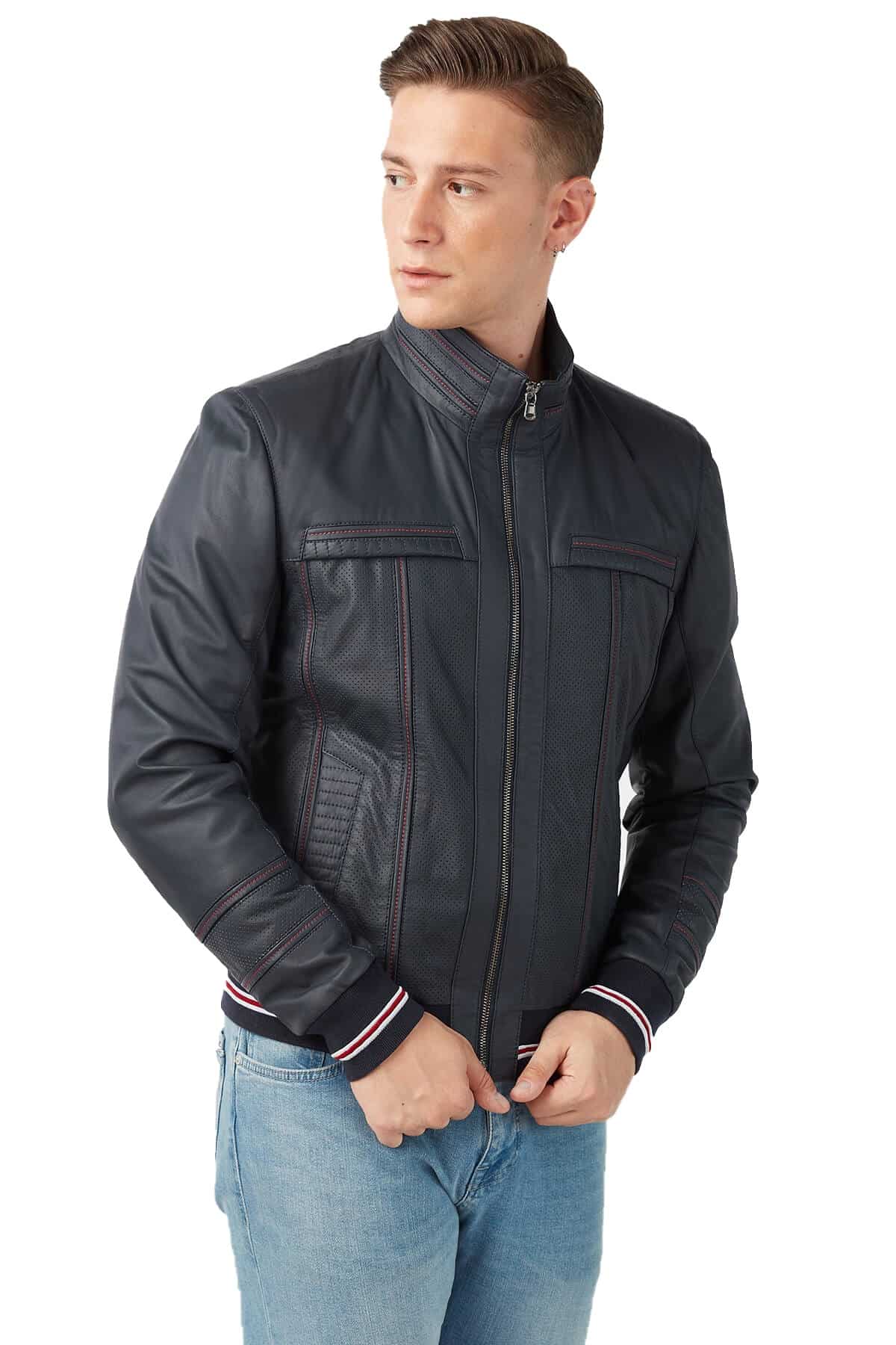 Wilfred Men's 100 % Real Navy-Blue Leather Taffeta Garnished Jacket