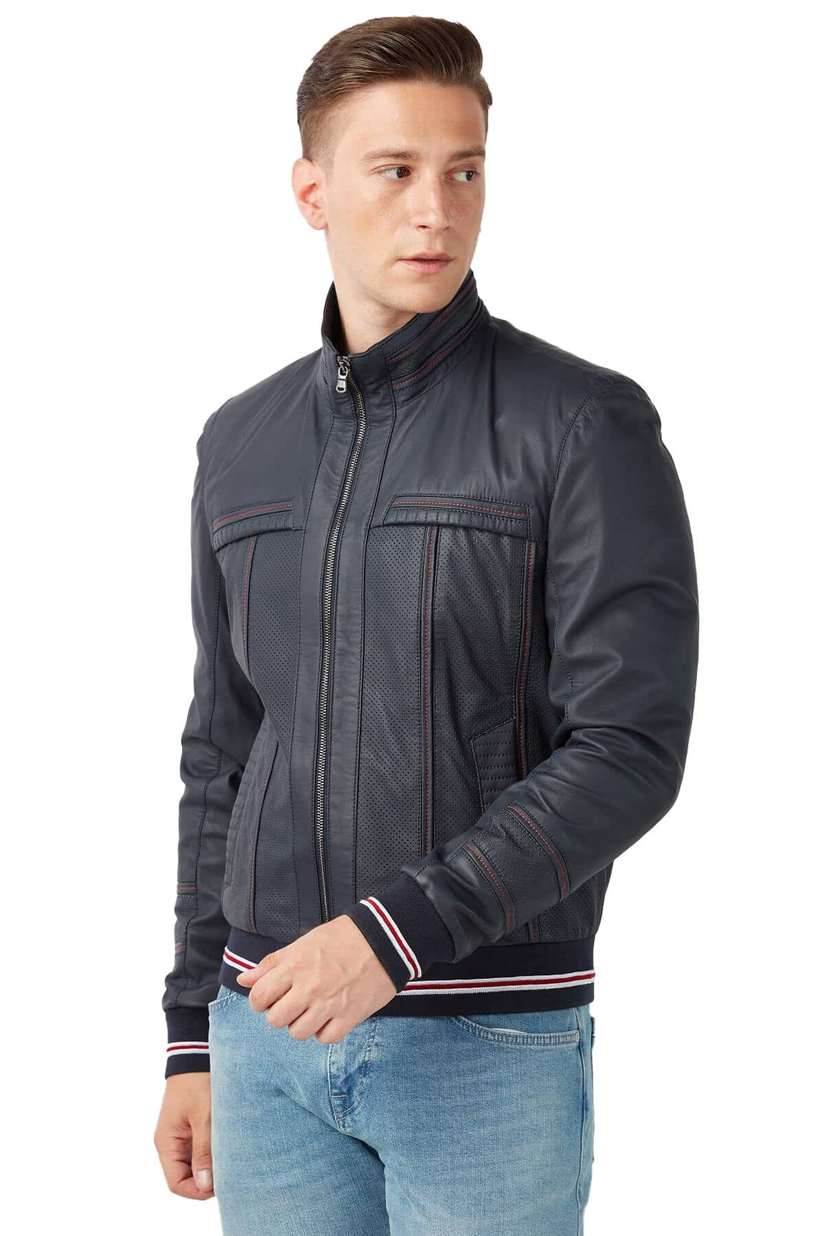 Wilfred Men's 100 % Real Navy-Blue Leather Taffeta Garnished Jacket