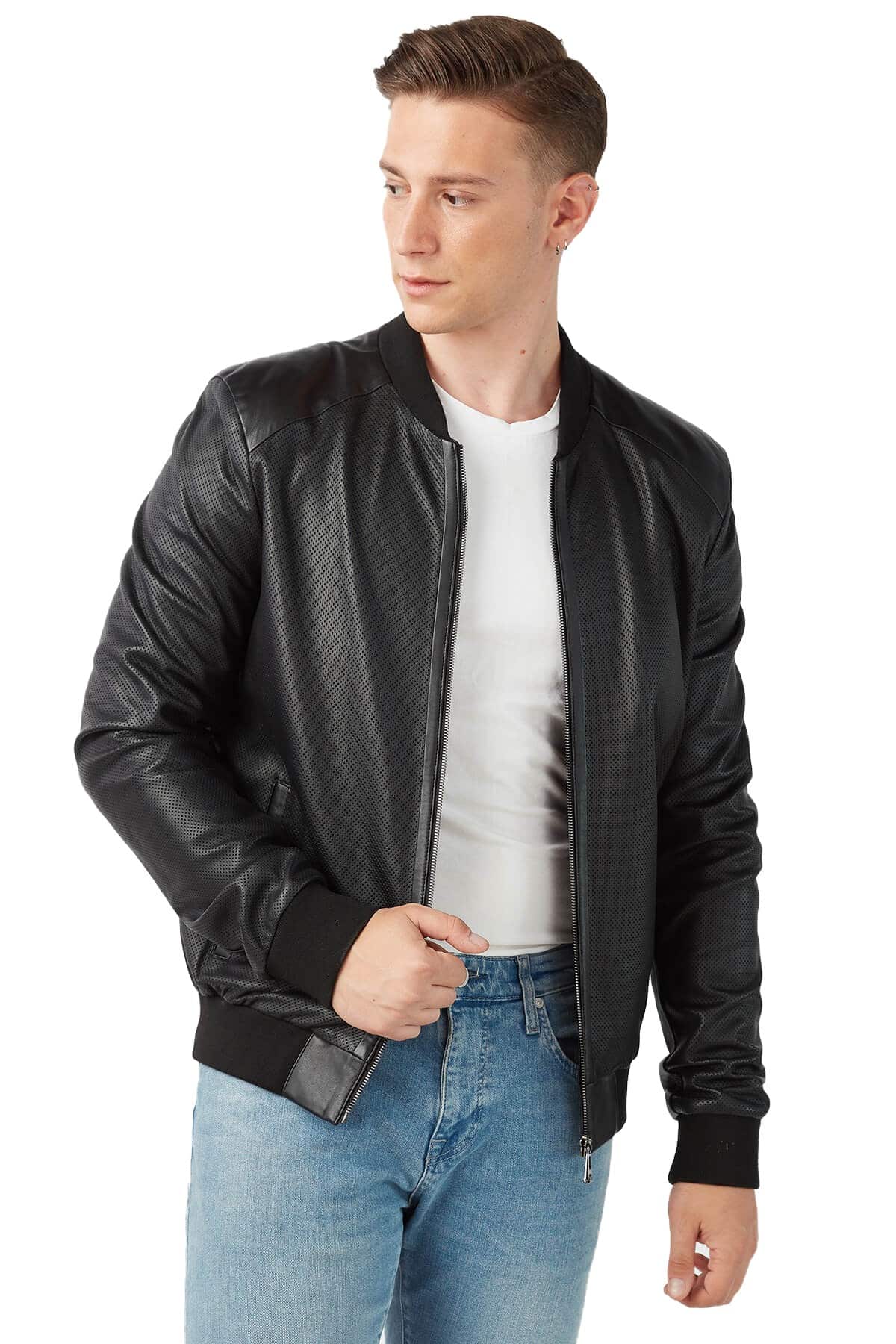 Men's 100 % Real Black Leather Perforated College Style Jacket