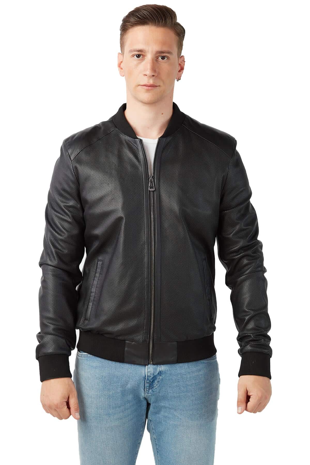 Men's 100 % Real Black Leather Perforated College Style Jacket