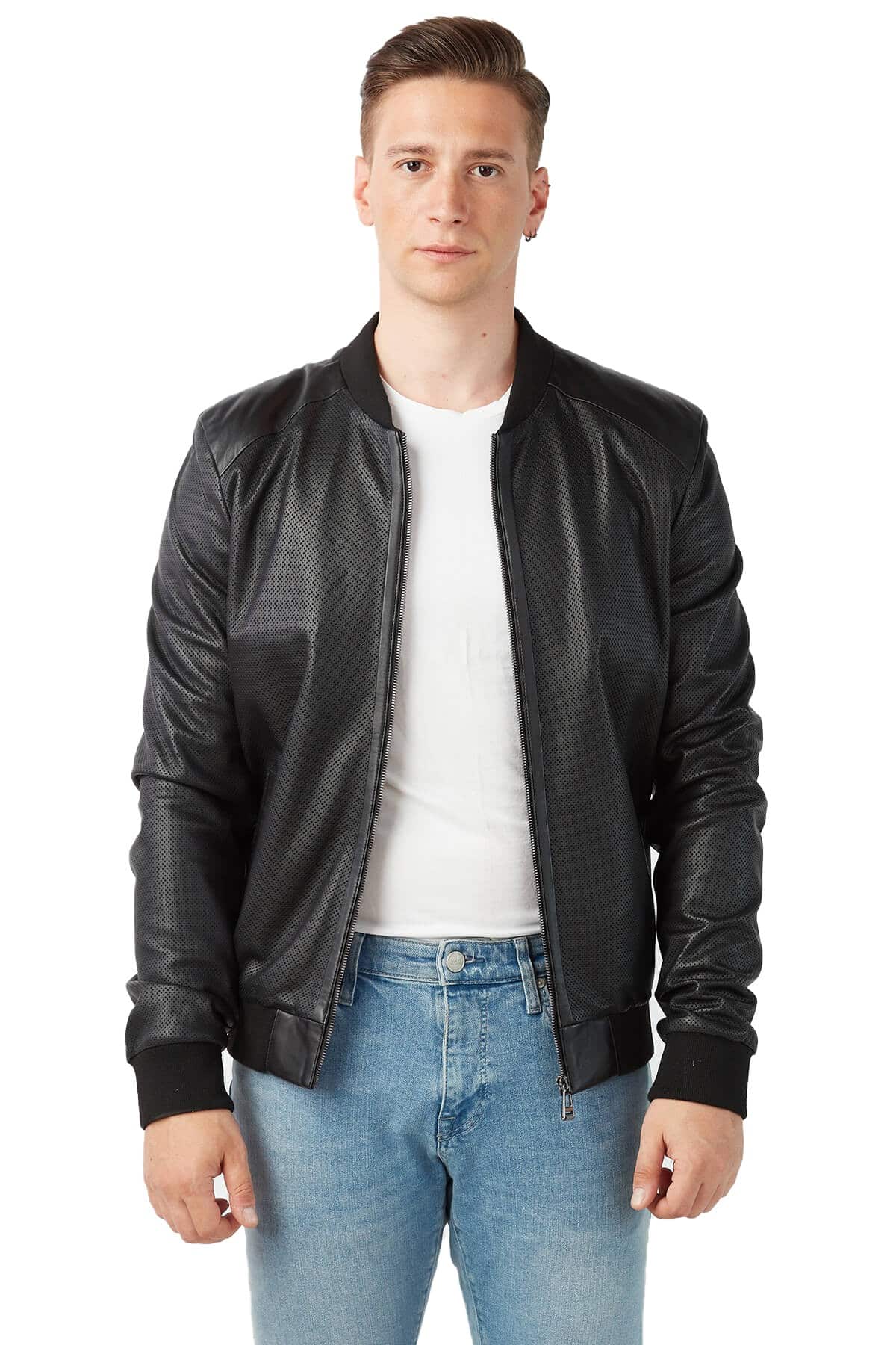 Men's 100 % Real Black Leather Perforated College Style Jacket