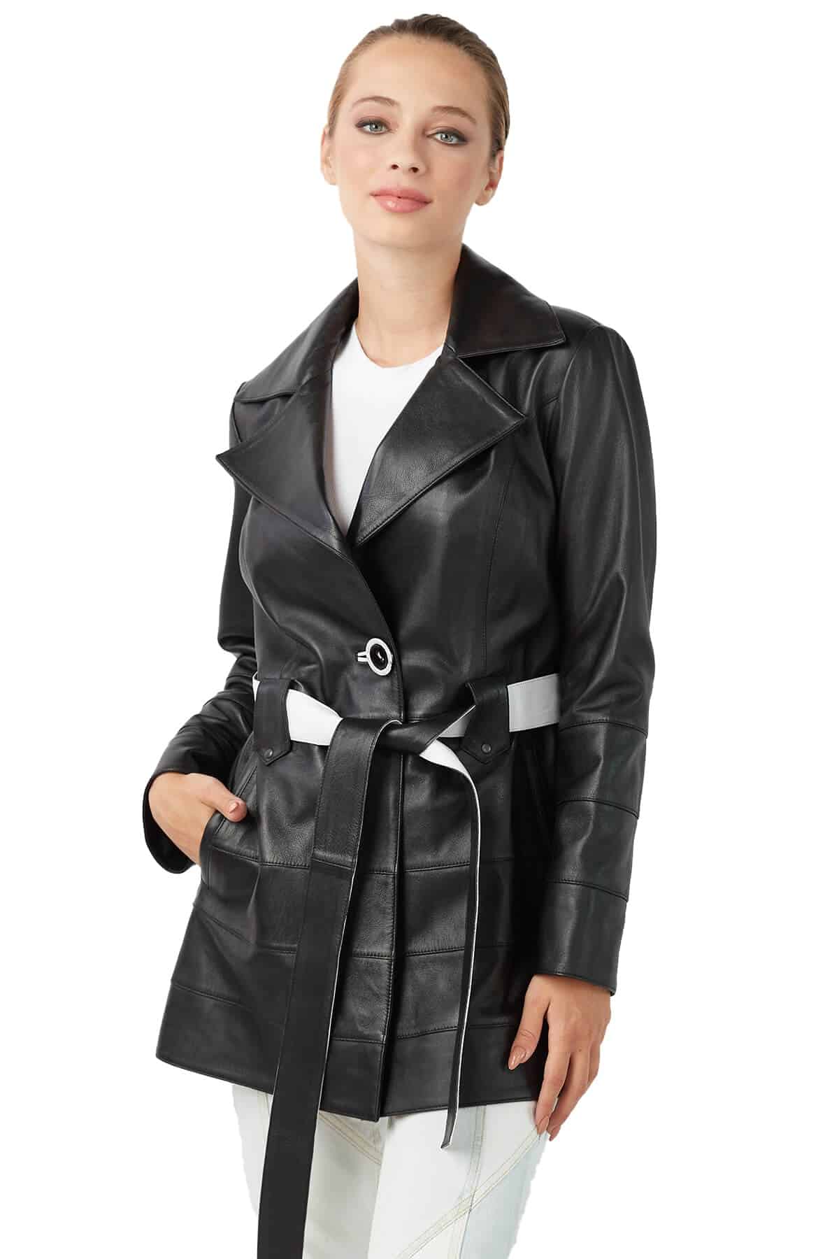 Genuine Leather Womens Short Trench Coat Black 5 