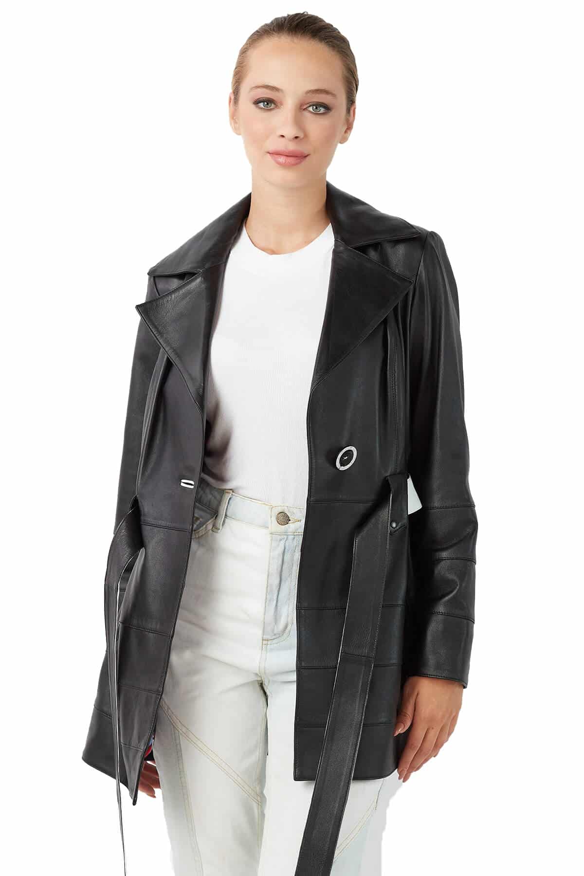 Custom Own Fit Lambskin Leather Women Belted Trench Coat