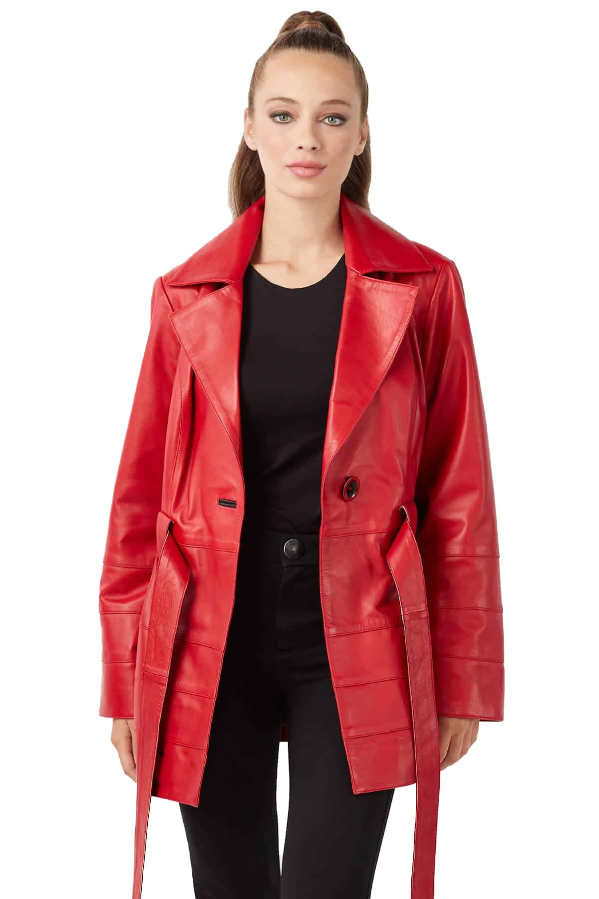 Rebecca Leather Women's Short Indian Red Trench Coat with Black Belt