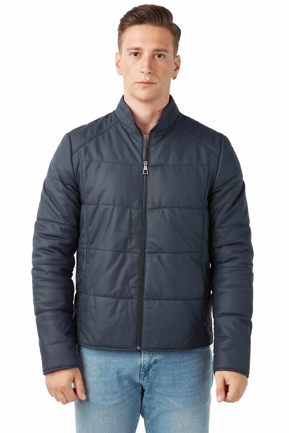 Men's 100 % Real Blue Leather Laciveft Taffeta Jacket