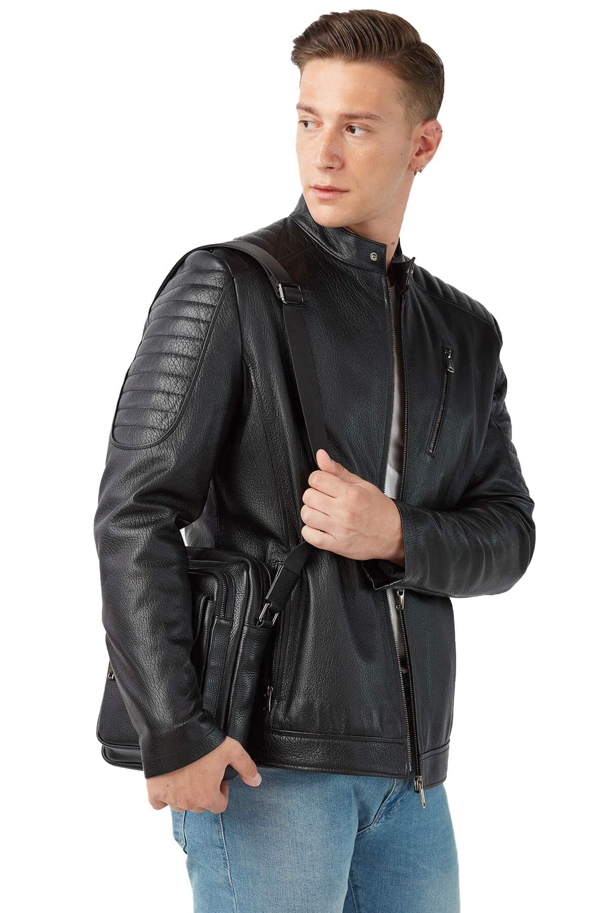 Luigi Men's 100 % Real Black Leather Jumbo Jacket