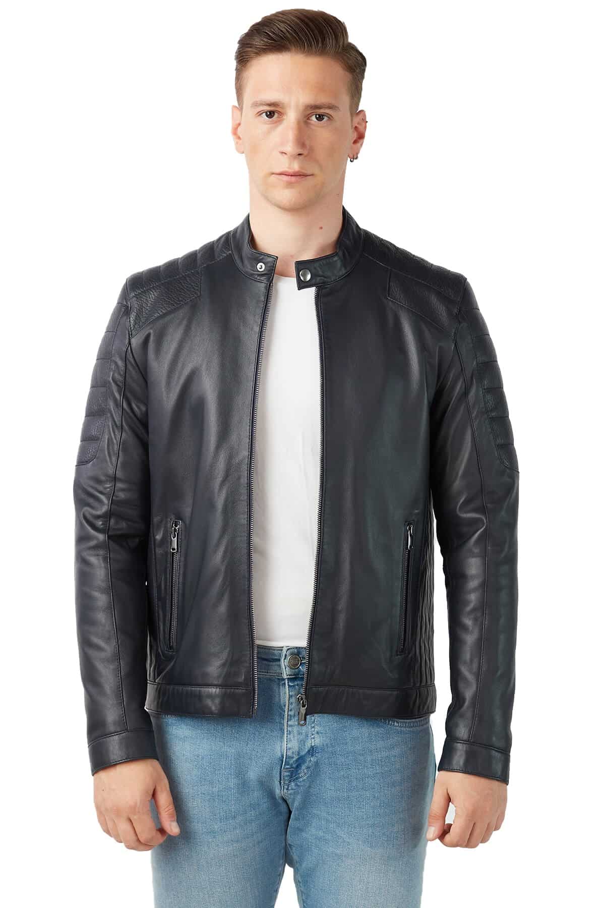Men's 100 % Real Navy-Blue Leather Orlando Jacket