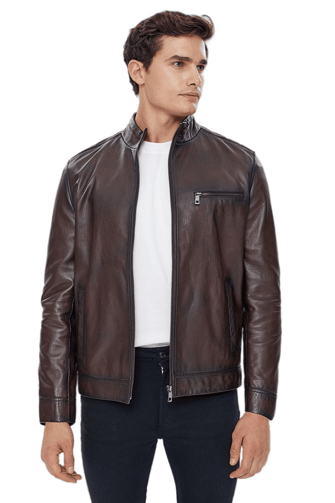 Benzema Men's 100% Real Brown Leather Waxed Cafe Racer Jacket