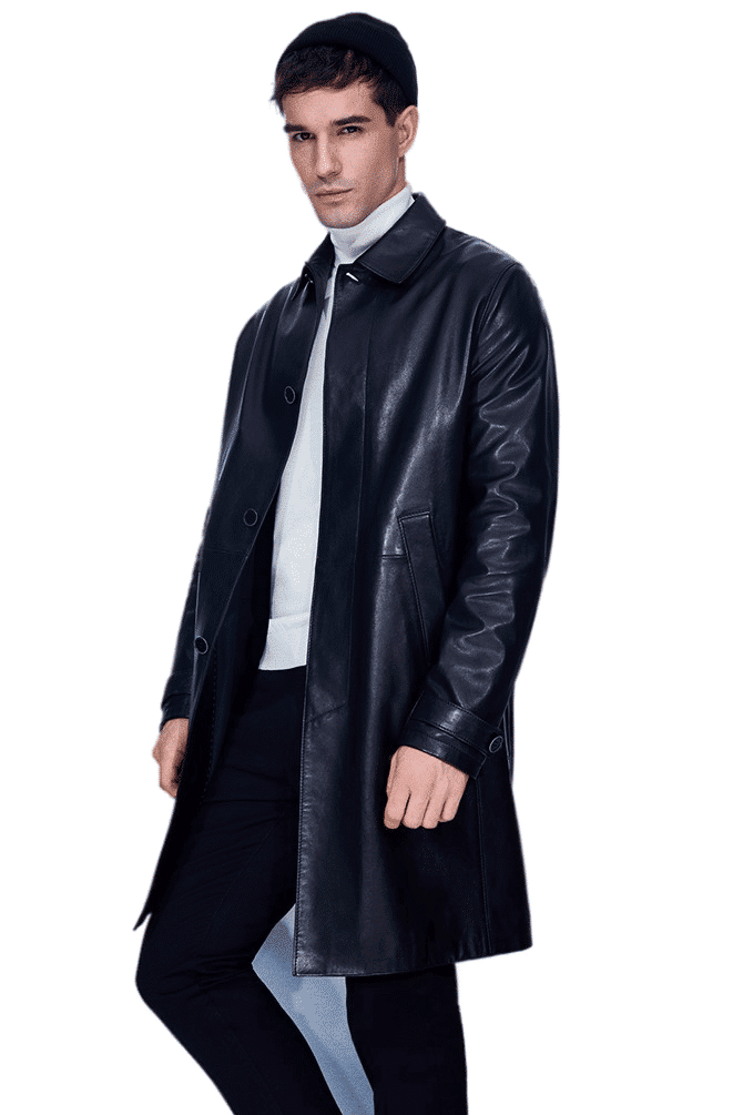 Bruyne Men's 100% Real Black Leather Shirt Style Collar Buttoned Coat